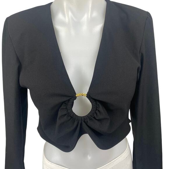 Zara Women's Black Long Sleeve Ring Deep V Neck Knit Blouse Crop Top Size M - Picture 3 of 4